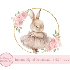 Ballerina Bunny Blumenkranz Sublimationsdesign, PNG, Cute Tutu Bunny, Mädchen Geburtstagskarte Design, Ballett, Kaninchen, Sofortiger digitaler Download