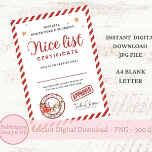 Certificado de la Lista de Buenos Amigos de Papá Noel, Carta de Navidad A4 del Polo Norte para Papá Noel, Lista de Buenos Amigos de Papá Noel, JPG, Descarga digital instantánea