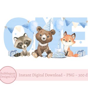 Blue Woodland Animals ONE Sublimation Design, PNG, Pijamas de primeiro aniversário, Animais da floresta, Quando eu acordar, estarei, Download digital instantâneo