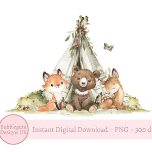 Tipi animaux de la forêt PNG, conception de sublimation de la forêt, ours, renard, cerf, conception de cartes pour enfants, PNG, téléchargement immédiat