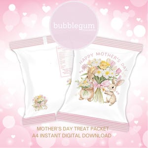 Pacote de guloseimas para o dia das mães com coelhinhos florais rosa, JPG A4 para impressão, sacola de guloseimas para o dia das mães, sacola para salgadinhos, sacola para salgadinhos, download digital instantâneo