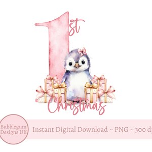 Primer pingüino rosa navideño PNG, diseño de sublimación, diseño de camiseta navideña, diseño de tarjeta, diseño de saco navideño, descarga digital instantánea