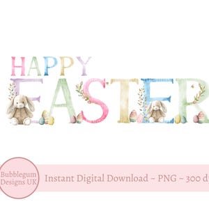 Feliz Pascua, letras de arcoíris, conejito PNG, primer diseño de sublimación de Pascua, diseño de bolsa de regalo de Pascua, tarjeta de Pascua, descarga digital instantánea