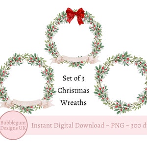 3 x couronnes de Noël PNG, clipart Noël, verdure festive et conception de baies rouges, sublimation de carte de vacances, téléchargement numérique instantané