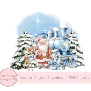 Train de Noël bleu et sublimation du père Noël, PNG, 1er Noël, conception de sac du père Noël, père Noël et renne, téléchargement immédiat