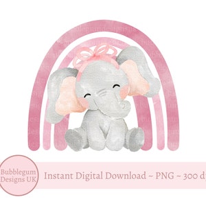 Bebé elefante rosa arco iris PNG, lindo elefante clipart, nuevo diseño de tarjeta de bebé, cumpleaños de Safari, salvaje, descarga digital instantánea