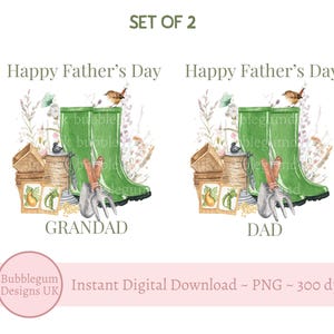Lot de 2 bonne fête des pères vert Wellies jardinier PNG, sublimation de jardinage, carte de jardinage fête des pères, téléchargement numérique instantané