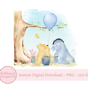 Winnie The Pooh & Friends PNG, Design a sublimazione di Winnie, Decorazione per feste di compleanno, Design del palloncino blu di Winnie Pooh, Download digitale istantaneo