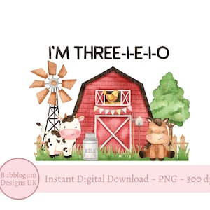 Red Farm Barn Three I E I O PNG, Design de sublimação de animais de fazenda, Design de camiseta de 3º aniversário, Aniversário do Red Barnyard, Download digital instantâneo