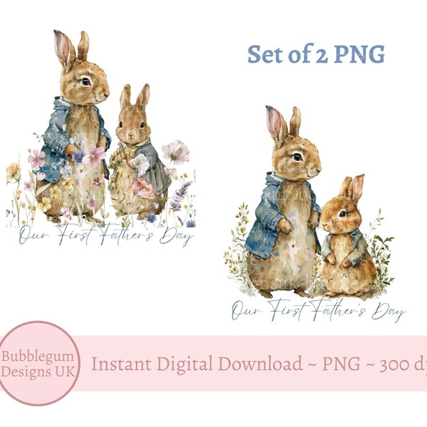 Set of 2 Our First Father's Day, Daddy & Baby Bunny PNG, Bunny Rabbit Clipart, 1st Father's Day Card Design, Instant Digital Download