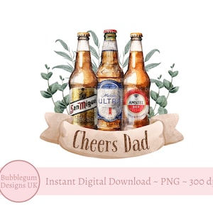 Peut inclure: Trois bouteilles de bière avec des étiquettes qui indiquent "San Miguel", "Maheko Ultra" et "Amstel Bier". Les bouteilles sont entourées de feuilles vertes et d'une bannière qui indique "Cheers Dad".