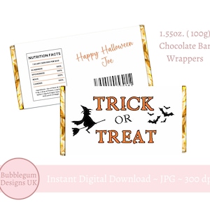 A4 Printable Trick Or Treat Halloween Chocolate Bar Wrapper, Halloween Design, 1.55oz (100g) Candy Bar Wrapper, Instant Digital Download