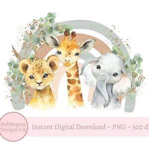 Neutral Safari Tiere Regenbogen PNG, süßer Elefant, Giraffe, Leopard Clipart, neues Baby Kartendesign, Safari Geburtstag, sofortiger digitaler Download