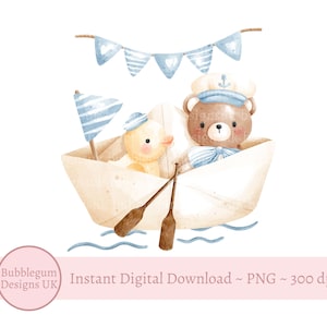 Baby-Bär und Gummiente Segelboot PNG, Geburtstagskarten-Design, niedlicher Teddybär Sublimationsdesign, Schwimmtasche, sofortiger digitaler Download