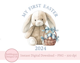 Blue My First Easter 2024 Lop Ear Bunny & Basket Sublimation Design, PNG, Easter Bunny, 1st Easter, Bunny Rabbit, Instant Digital Download