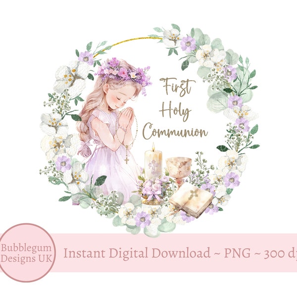 First Holy Communion Wreath PNG, Girls 1st Communion Sublimation Design, Purple Floral Wreath, Bible, Praying, Instant Digital Download