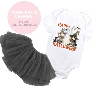 May include: A white baby onesie with the text "Happy Halloween" and a graphic of witches, a ghost, a cat, and a cauldron. A black tulle tutu is also included.