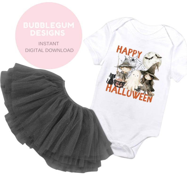 May include: A white baby onesie with the text "Happy Halloween" and a graphic of witches, a ghost, a cat, and a cauldron. A black tulle tutu is also included.