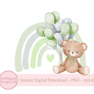 Palloncini verdi e arcobaleno con orsetto in formato PNG, Clipart di orsetto, Baby shower a tema orso, Palloncini di compleanno a tema orso, Neonato, Download digitale istantaneo