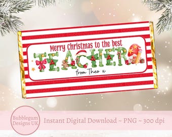 Merry Christmas To The Best Teacher Chocolate Wrapper, Printable Candy Wrapper, A4 Printable, Thank You Teacher, Instant Digital Download