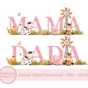 Mama & Dada Pink Farm Birthday PNG, Design de Sublimação de Animais de Fazenda, Design de Camiseta de Aniversário, Vaca, Cordeiro, Cavalo, Download Digital Instantâneo