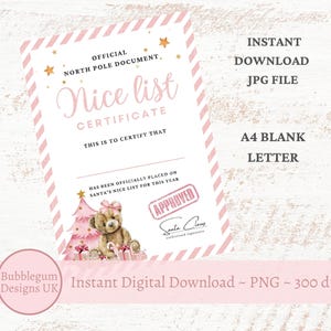 Certificado de la lista de buenos amigos de Papá Noel, osito navideño rosa tamaño A4, relleno para caja de Nochebuena, JPG, imprimible navideño, descarga digital instantánea