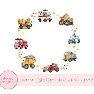 LKW & Autos Kranz PNG, LKW-Sublimationsdesign, Jungen-Geburtstagskarten-Design, Baustellen-Party, Rennwagen Clipart, sofortiger digitaler Download