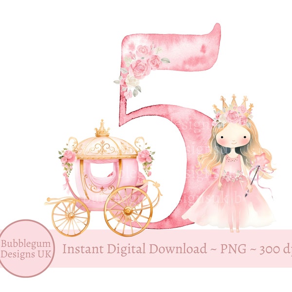 Pink Princess 5th Birthday PNG, Fifth Birthday Sublimation Design, Girl's 5th Birthday, Princess Carriage Birthday,Instant Digital Download