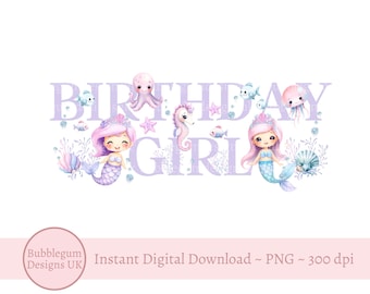Purple Mermaid Birthday Girl PNG Sublimation Design, Under the Sea, Mermaid Party Decor, Mermaid Birthday Shirt, Instant Digital Download