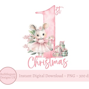 Ballerina Bunny Pink 1st Christmas PNG, Weihnachtspyjamas Sublimationsdesign, Weihnachtskarte, Santa Sack Design, sofortiger digitaler Download