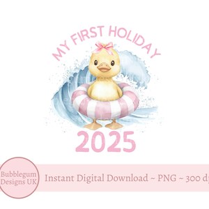Pink My First Holiday 2025 Kaczka Sublimacja Projekt, PNG, Dziecięca Koszulka 1st Holiday Projekt, Nadmorski, Gumowa Kaczka Natychmiastowe Pobieranie Cyfrowe