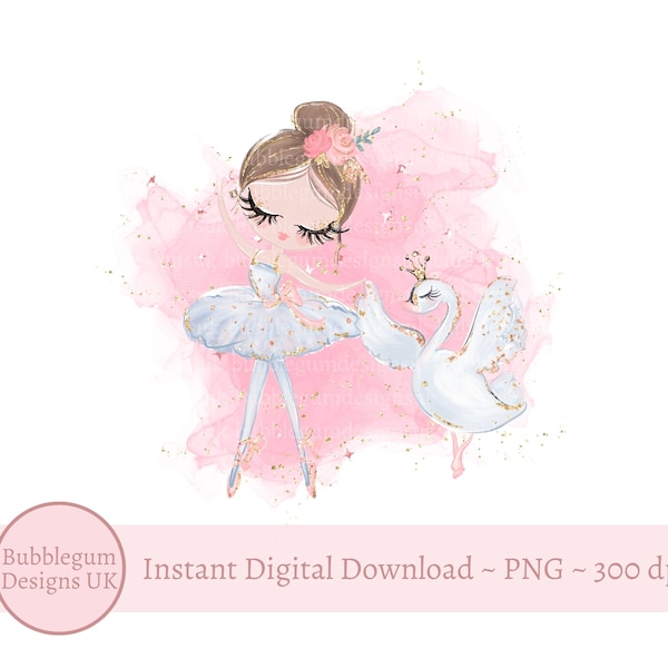 Ballerina & Swan PNG Sublimation Design, Ballerina PNG, Ballet Party Decor, Brunette Brown Hair Ballerina Clipart, Instant Digital Download