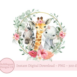Baby safaridieren roze bloemenkrans PNG, Wild One, Two Wild, meisjes verjaardag sublimatieontwerp, jungle, roze dierentuin, instant digitale download