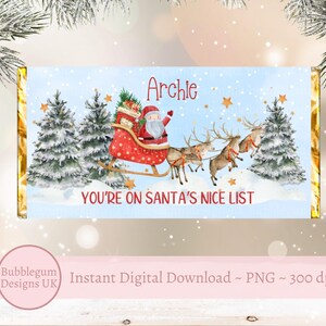Kerstman slee mooie lijst chocoladeverpakking, afdrukbare chocoladesnoepverpakking, afdrukbare A4, kousvuller, instant digitale download