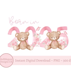Geboren in 2025 tweeling meisjes teddybeer roze cijfers PNG, nieuwe babymeisjes, tweeling babyshower onthullen, 2025 jaar clipart, instant digitale download