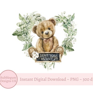 Diseño de sublimación de corona de osito de peluche con forma de corazón, "Te amo, mamá", PNG, diseño de tarjeta para el Día de la Madre, diseño para el Día de la Madre, descarga digital instantánea