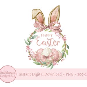 Corona de orejas de conejo de Pascua rosa con flores PNG, clip art de Pascua, corona de Pascua, diseño de sublimación de Pascua, descarga digital instantánea