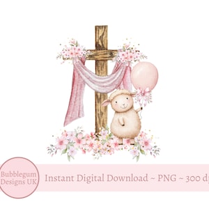 Rosa Taufe Taufkreuz & Lamm PNG, Taufe Sublimation Design, christliches Design, Baby Mädchen Taufe, sofortiger digitaler Download