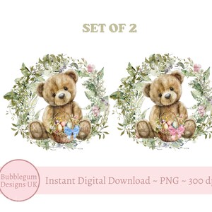 Set of 2 Teddy Bear & Easter Egg Basket Wreath Sublimation Designs, My 1st Easter, Easter Teddy Bear, PNG, Instant Digital Download