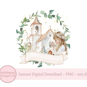 Erste heilige Kommunion Kranz PNG, Mädchen 1st Kommunion Sublimation Design, Eukalyptuskranz, Kirche, Bibel, Beten, sofortiger digitaler Download