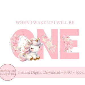 Pink ONE Unicorn & Pink Roses PNG, baby 1e verjaardag, pyjama meisjes eerste verjaardag, als ik wakker word zal ik dat zijn, instant digitale download