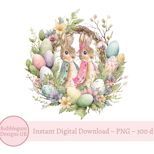 Green Pink Bunny Rabbit Easter Egg Wreath PNG, Sublimation Design, Easter Card Design, Easter Treat Bag Design, Instant Digital Download