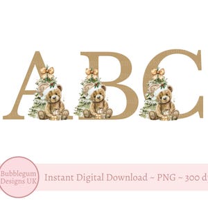 Ursinho de pelúcia de Natal Alfabeto dourado PNG, Natal 26 Letras individuais Alfabeto Clipart, Alfabeto de Natal, Download digital instantâneo