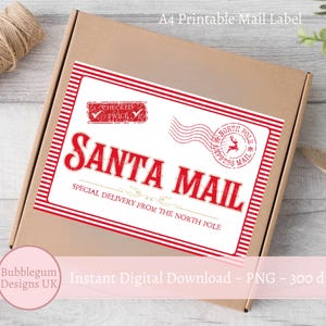 Etiqueta de envío de correo de Santa Claus imprimible A4 al Polo Norte PNG, etiqueta de franqueo de entrega especial de Navidad, etiqueta de paquete, descarga digital instantánea
