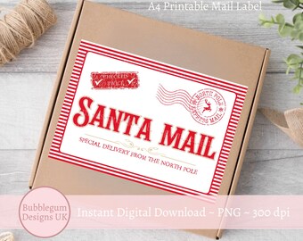 A4 Printable Santa Mail North Pole Shipping Label PNG, Christmas Special Delivery Postage Label, Parcel Label, Instant Digital Download