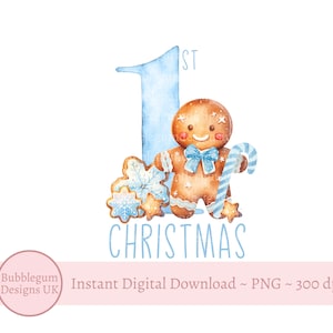 1st Christmas Gingerbread Boy PNG, Blue Christmas, Santa Sack Design, Christmas Eve Pyjamas, Bauble Sublimation, Instant Digital Download