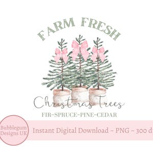 Arbres de Noël frais de ferme rose noeud PNG, conception de carte de Noël, conception de sublimation de sweat-shirt de Noël, ferme, téléchargement numérique instantané