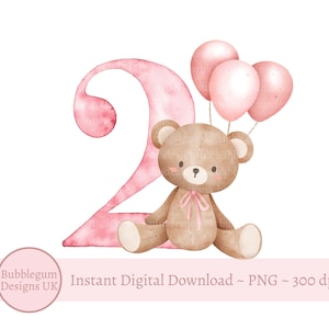Teddy Bear Pink Balloons 2nd Birthday PNG, Second Birthday Sublimation Design, Pink Two, Baby Girls Birthday, Instant Digital Download