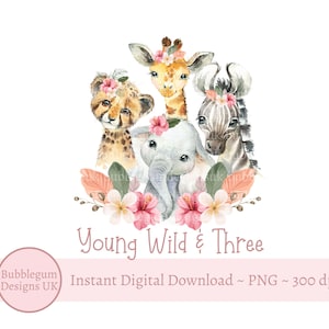 Jonge wilde en drie babysafaridieren PNG, 3e verjaardag T-shirt sublimatieontwerp, roze safariverjaardag, jungle, instant digitale download