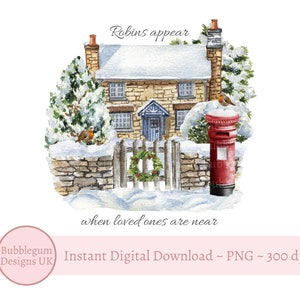 Kerstscène Robins verschijnen wanneer dierbaren in de buurt zijn PNG, Robin-illustraties, winterdecor PNG, sublimatieontwerp, overdracht, direct downloaden